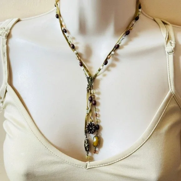 BOHO Y2K Tassel Groovy necklace Bronze Crystal Mother of pearl Indie Brass 17.5" - Picture 3 of 5